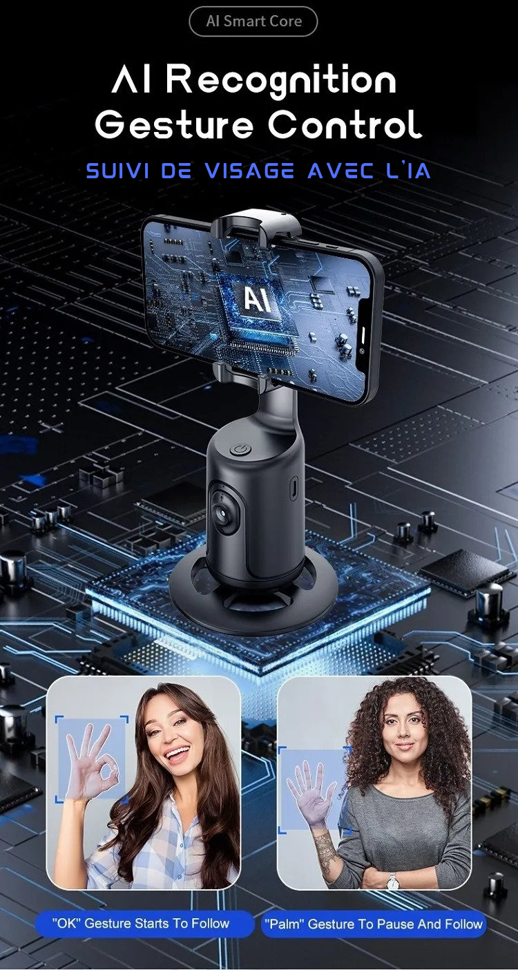 Phone Holder with AI Artificial Intelligence - Automatic Face Tracking 360° Rotation